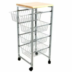 Hot Sale ⌛ Mind Reader 4-Tier Wire Basket Cart With Wood Surface - Silver 👏